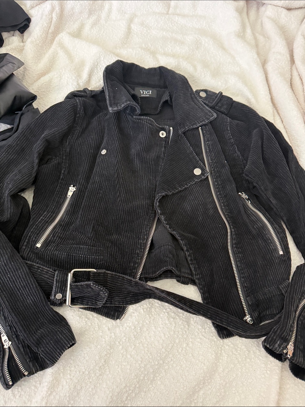 VICI Black Corduroy Biker Jacket with Belt